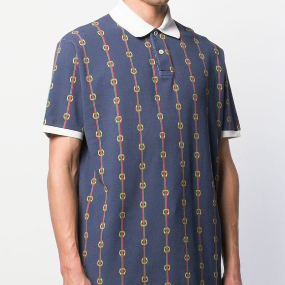 Gucci Horse-bit Chain Print Polo Shirt in Blue - Picture 2 of 7
